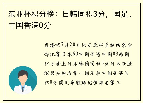 东亚杯积分榜：日韩同积3分，国足、中国香港0分