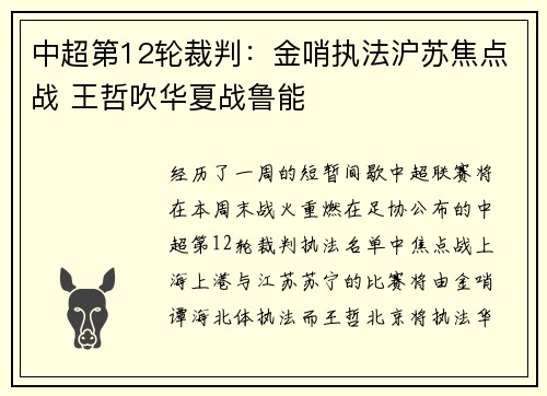 中超第12轮裁判：金哨执法沪苏焦点战 王哲吹华夏战鲁能