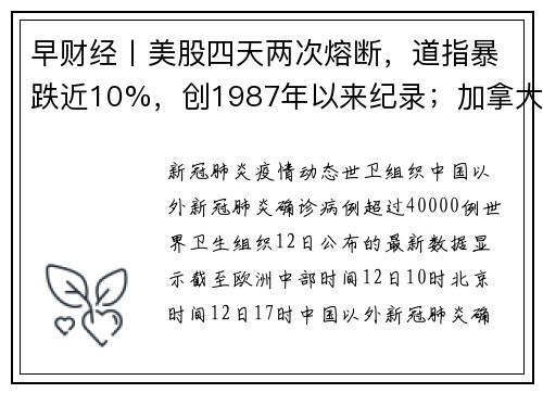 早财经丨美股四天两次熔断，道指暴跌近10%，创1987年以来纪录；加拿大总理夫妇因可能感染而进行自我隔离；纽约市进入紧急状态